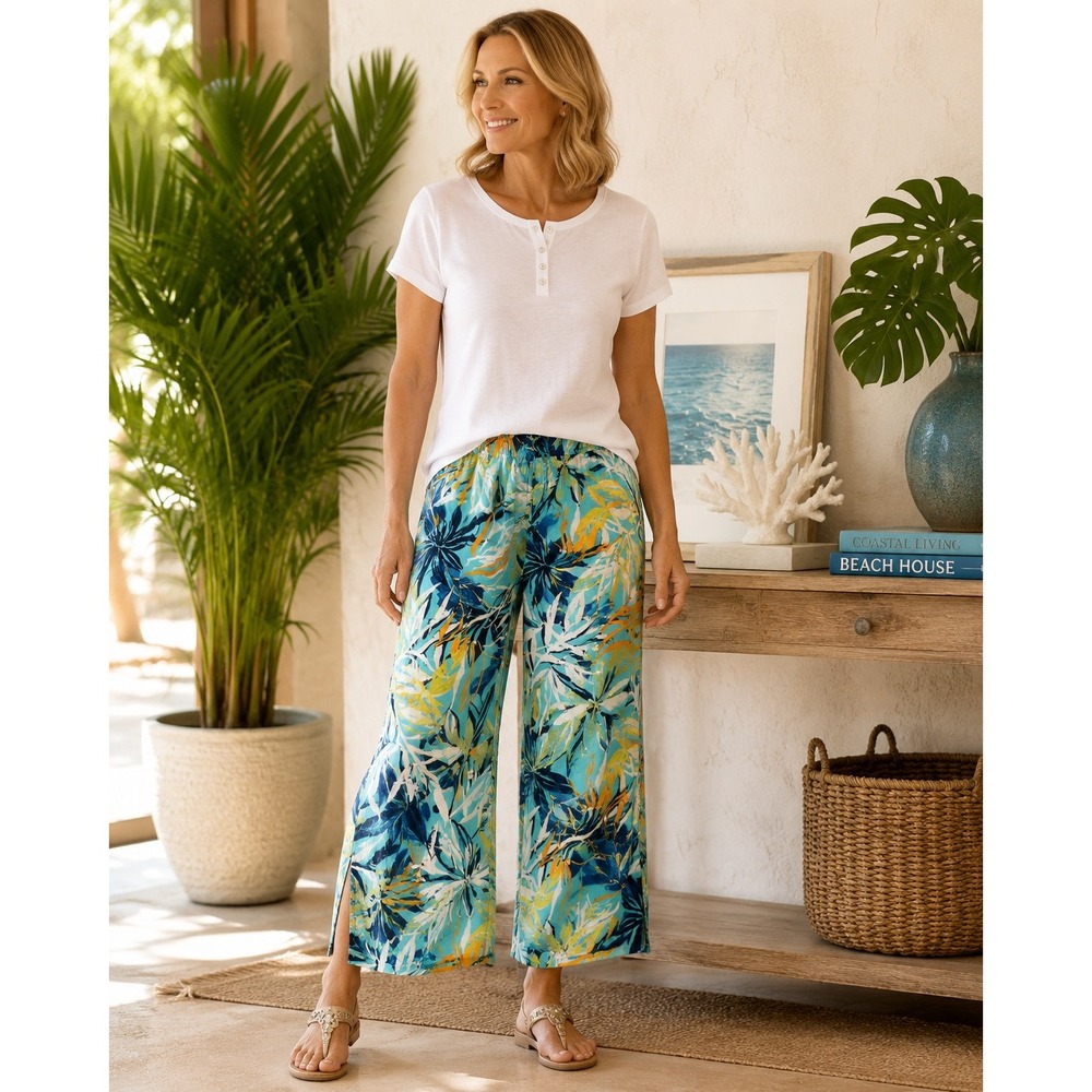Naturals D&Co Pants Womens L Turquoise Tropical Floral Linen Blend Wide Leg Crop